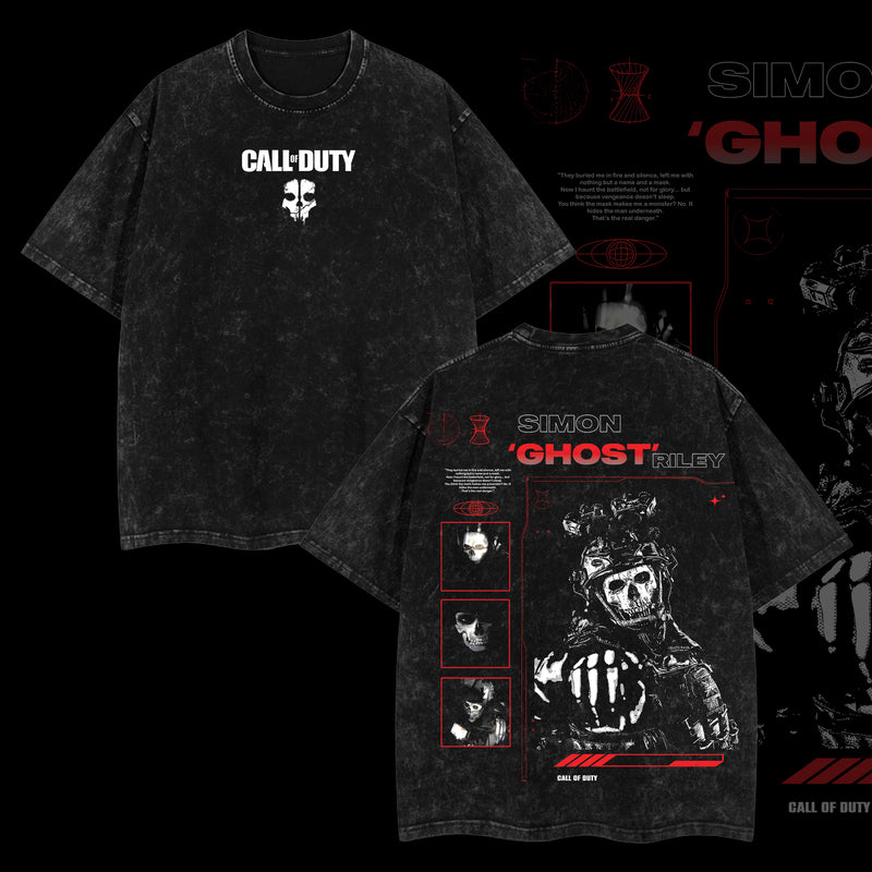[Collection] Simon "Ghost" Riley Skull Mask Warrior Call of Duty: Modern Warfare II Edition Double Printed Oversize Lightweight Acid Washed Tee
