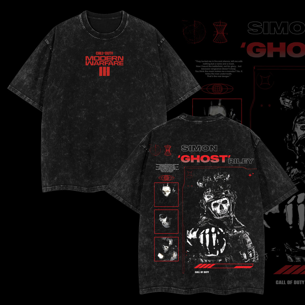 [Collection] Simon "Ghost" Riley Skull Mask Warrior Call of Duty: Modern Warfare II Edition Double Printed Oversize Lightweight Acid Washed Tee
