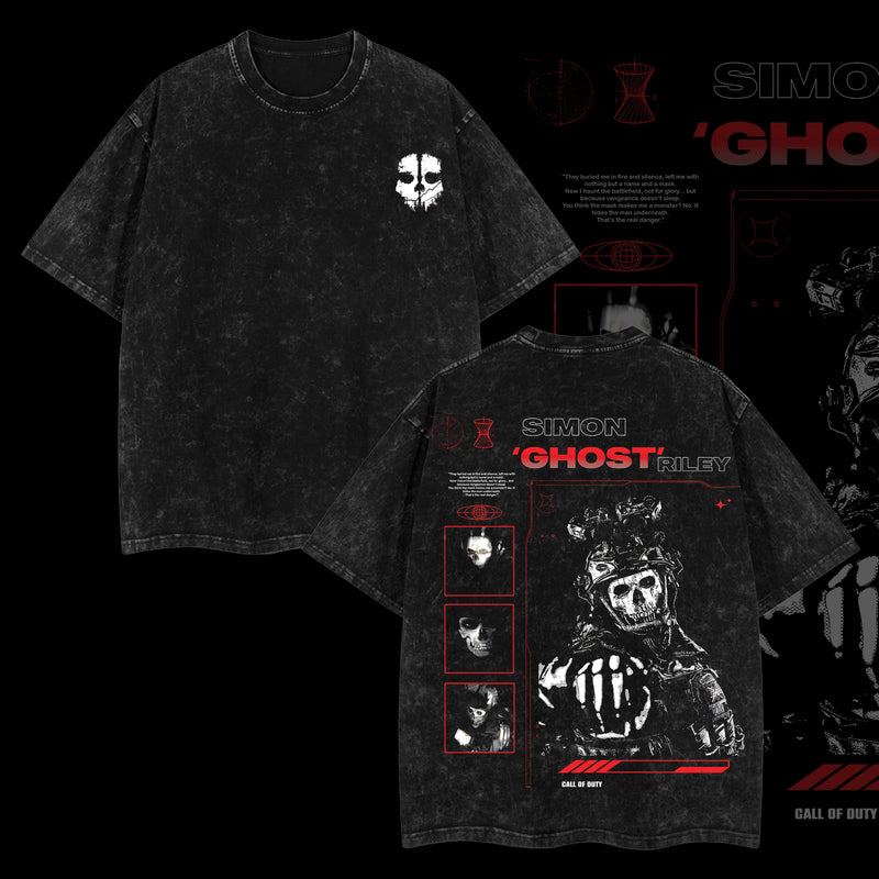 [Collection] Simon "Ghost" Riley Skull Mask Warrior Call of Duty: Modern Warfare II Edition Double Printed Oversize Lightweight Acid Washed Tee