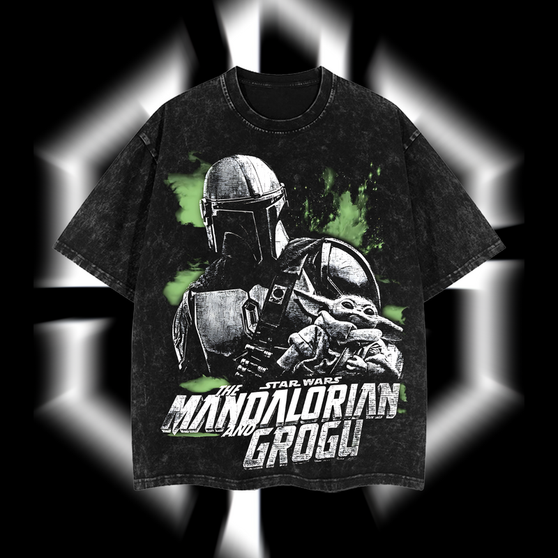 Mandalorian & Grogu – The Clan of Two Star Wars Edition Double-Printed Oversize Lightweight Acid-Washed Premium Cotton T-Shirt
