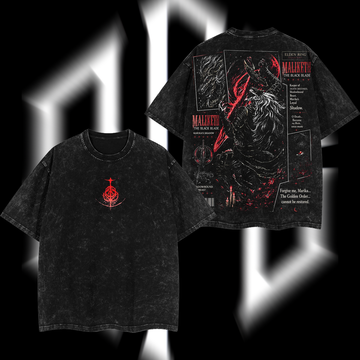 Maliketh "The Black Blade" - Elden Ring Edition Double Printed Oversize Lightweight Acid Washed T-Shirt