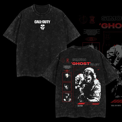 [Collection] Simon "Ghost" Riley Skull Mask Warrior Call of Duty: Modern Warfare II Edition Double Printed Oversize Lightweight Acid Washed Tee