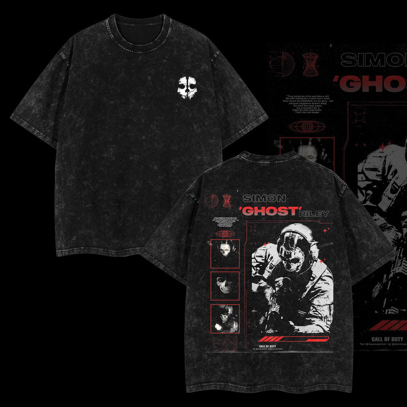 [Collection] Simon "Ghost" Riley Skull Mask Warrior Call of Duty: Modern Warfare II Edition Double Printed Oversize Lightweight Acid Washed Tee