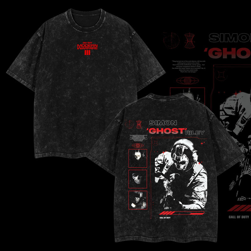 [Collection] Simon "Ghost" Riley Skull Mask Warrior Call of Duty: Modern Warfare II Edition Double Printed Oversize Lightweight Acid Washed Tee