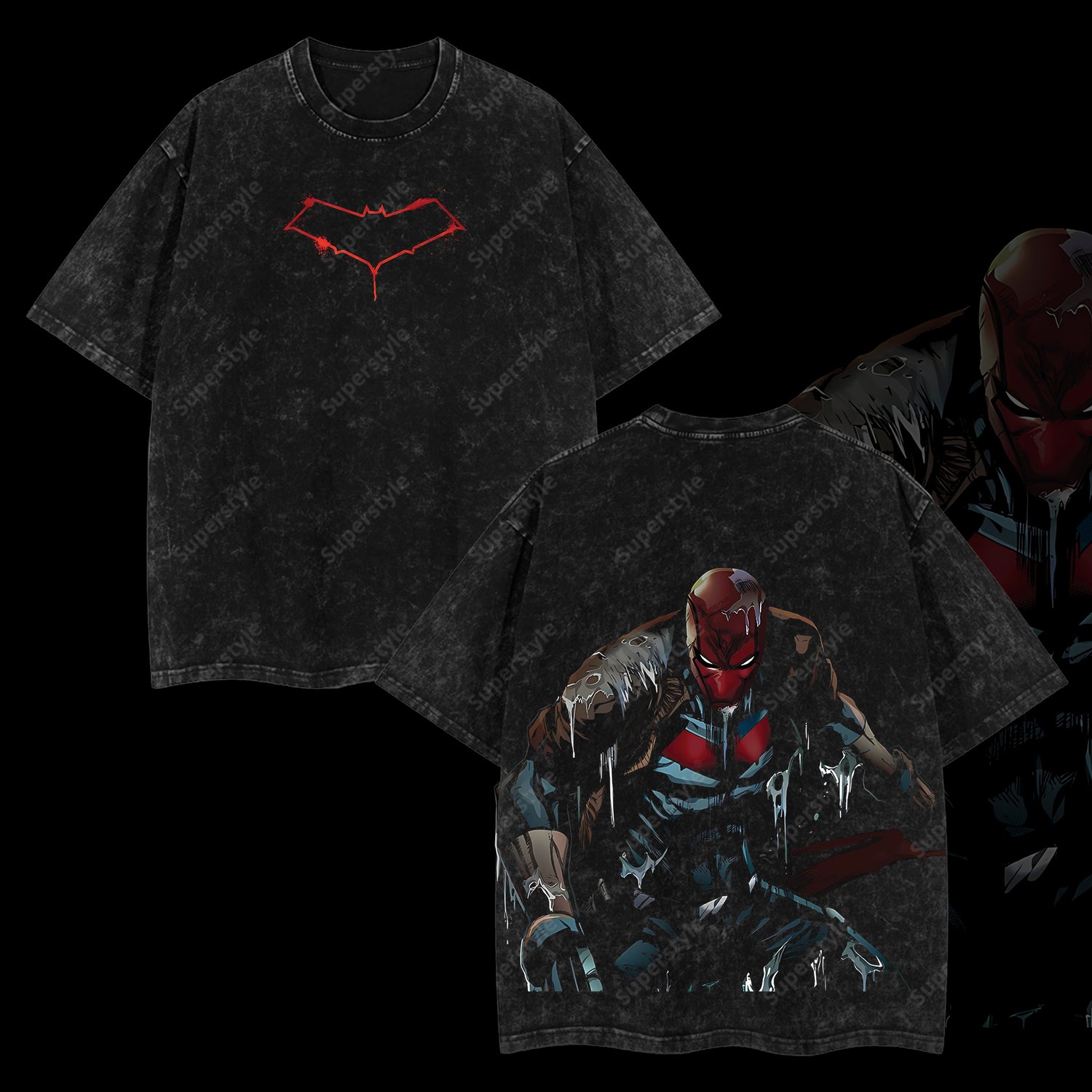 Under the Hood - Jason Todd Red Hood (Robin #2) Hero Verse Comic Edition Double Printed Oversize Lightweight Acid Washed Tee