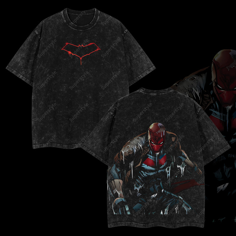 Under the Hood - Jason Todd Red Hood (Robin #2) Hero Verse Comic Edition Double Printed Oversize Lightweight Acid Washed Tee