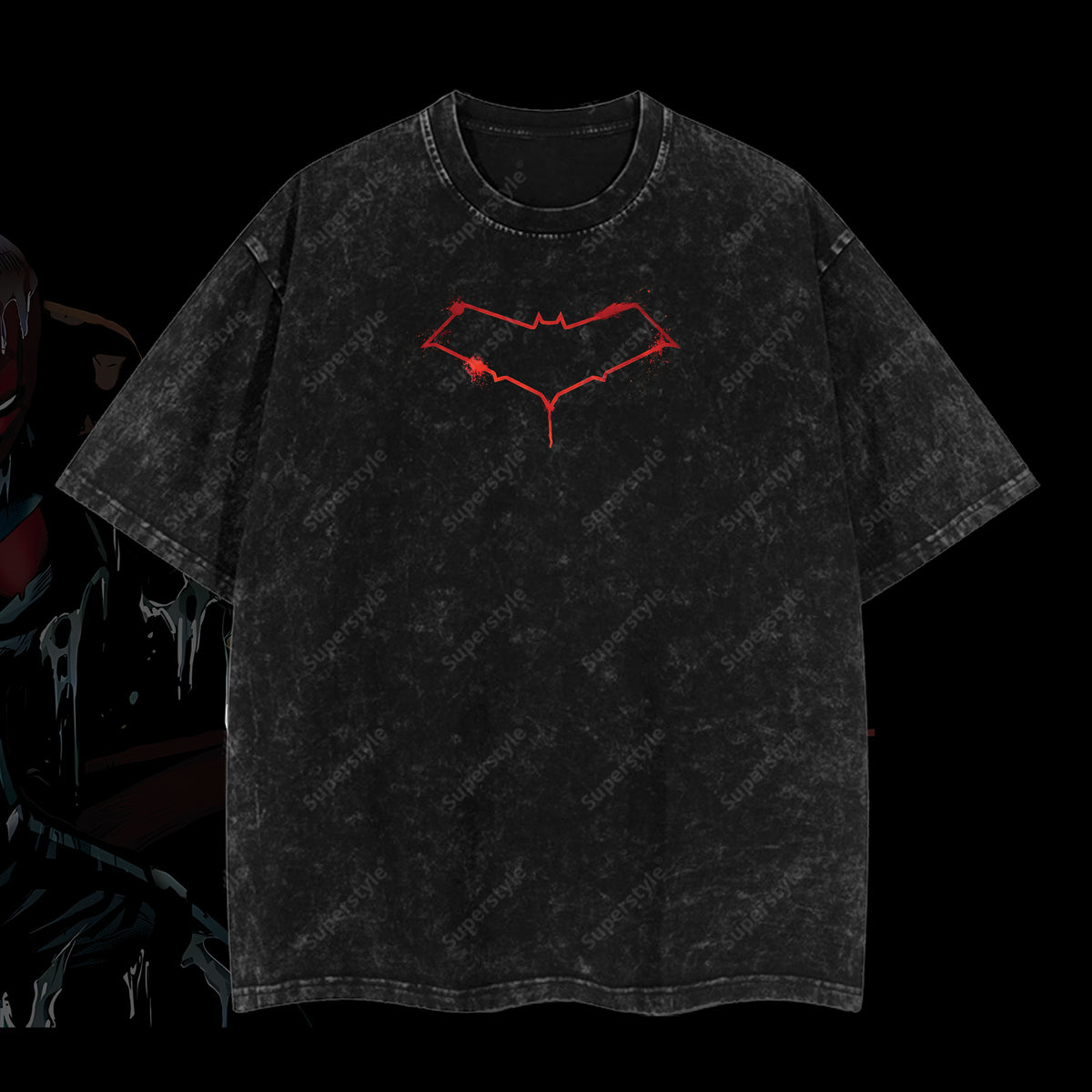 Under the Hood - Jason Todd Red Hood (Robin #2) Hero Verse Comic Edition Double Printed Oversize Lightweight Acid Washed Tee