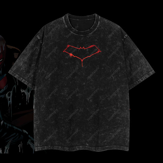 Under the Hood - Jason Todd Red Hood (Robin #2) Hero Verse Comic Edition Double Printed Oversize Lightweight Acid Washed Tee