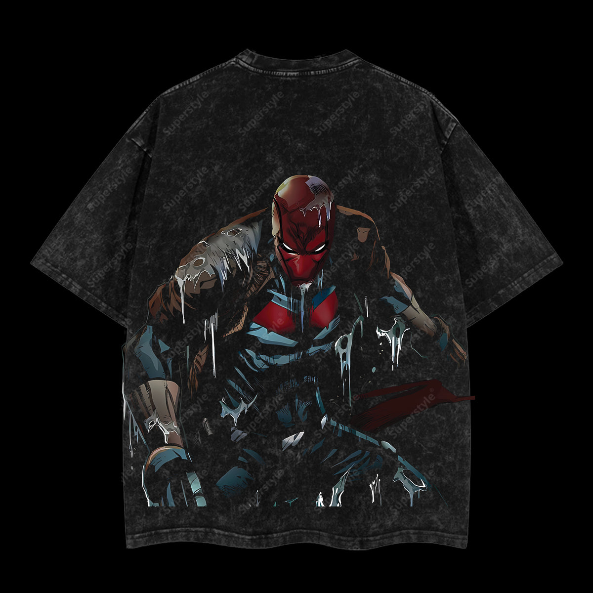 Under the Hood - Jason Todd Red Hood (Robin #2) Hero Verse Comic Edition Double Printed Oversize Lightweight Acid Washed Tee