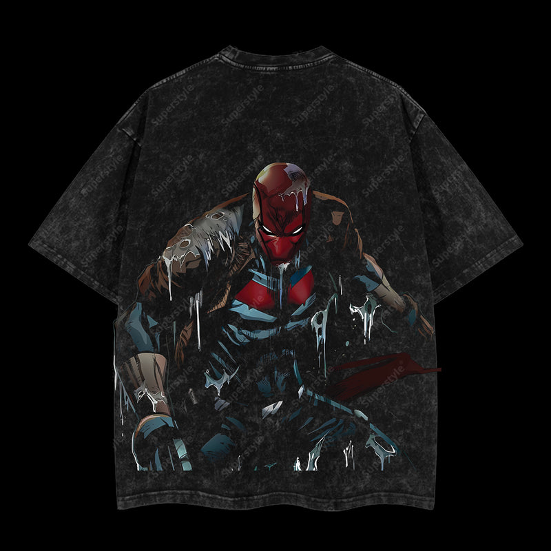 Under the Hood - Jason Todd Red Hood (Robin #2) Hero Verse Comic Edition Double Printed Oversize Lightweight Acid Washed Tee