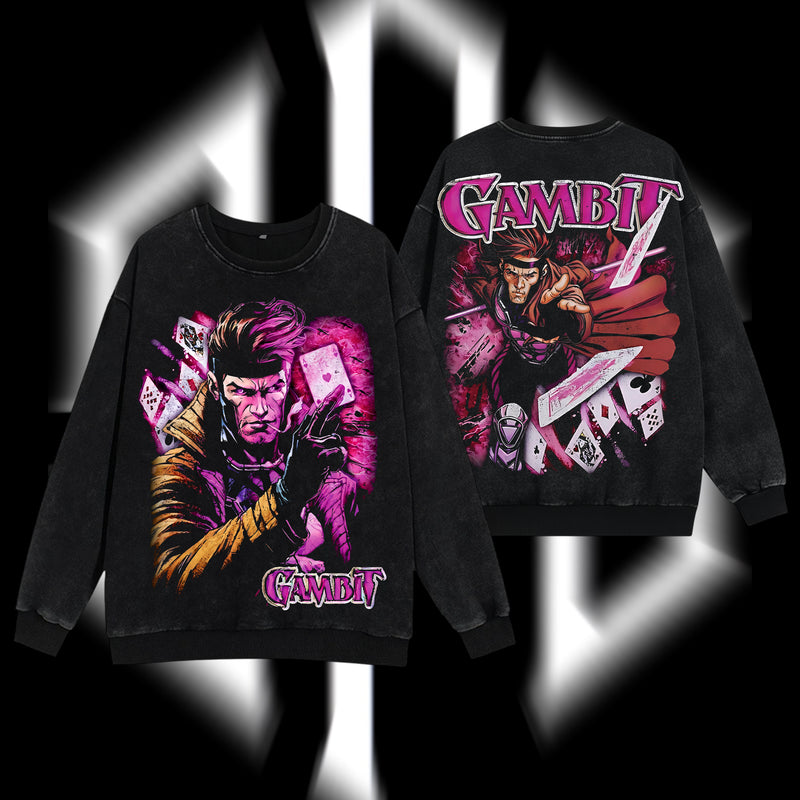 The Card Master "Gambit" Marvel MCU Edition Double Printed Oversize Lightweight Acid Washed Sweater