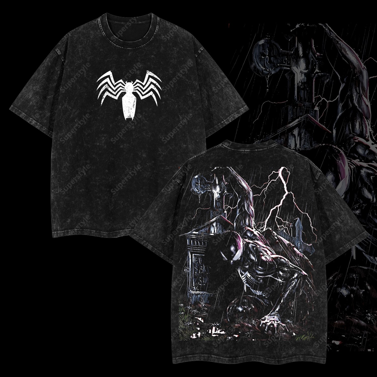 Friendly Neighborhood Spider-man Hero Dark Mutation Shadow Marvel MCU Comic Double Printed Oversize Lightweight Acid Washed T-Shirt