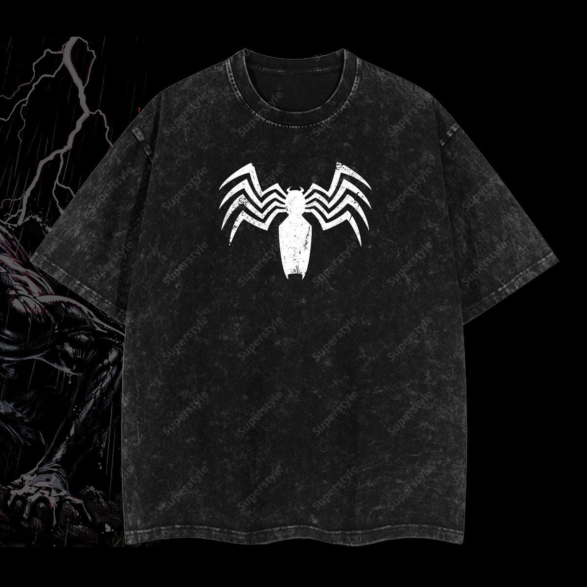 Friendly Neighborhood Spider-man Hero Dark Mutation Shadow Marvel MCU Comic Double Printed Oversize Lightweight Acid Washed T-Shirt