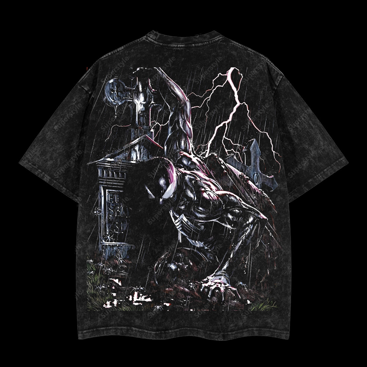 Friendly Neighborhood Spider-man Hero Dark Mutation Shadow Marvel MCU Comic Double Printed Oversize Lightweight Acid Washed T-Shirt