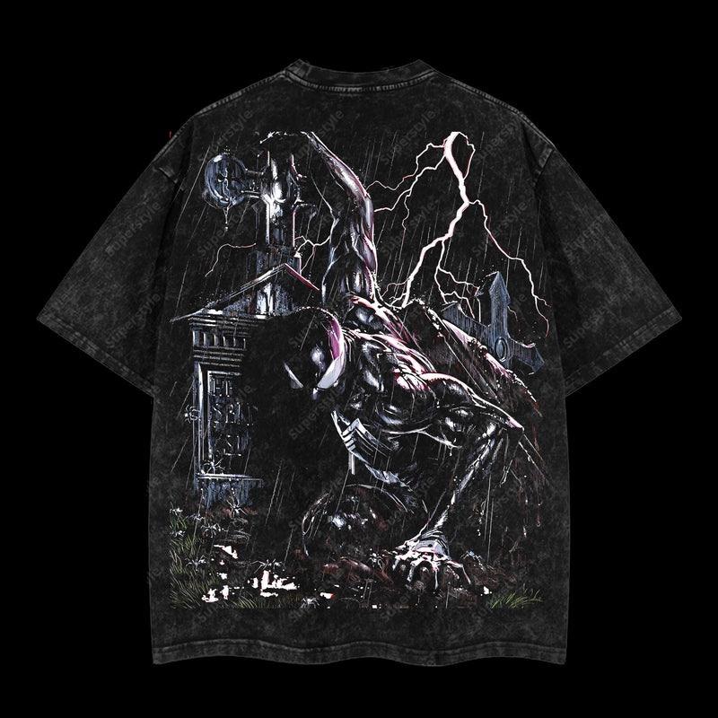 Friendly Neighborhood Spider-man Hero Dark Mutation Shadow Marvel MCU Comic Double Printed Oversize Lightweight Acid Washed T-Shirt