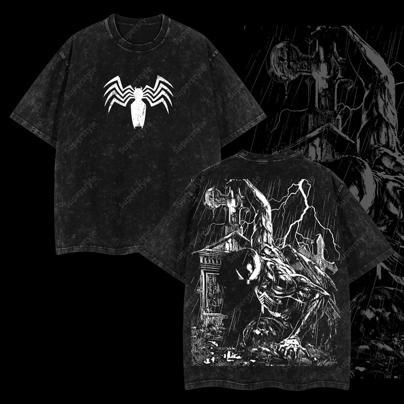 Friendly Neighborhood Spider-man Hero Dark Mutation Shadow Marvel MCU Comic Double Printed Oversize Lightweight Acid Washed T-Shirt